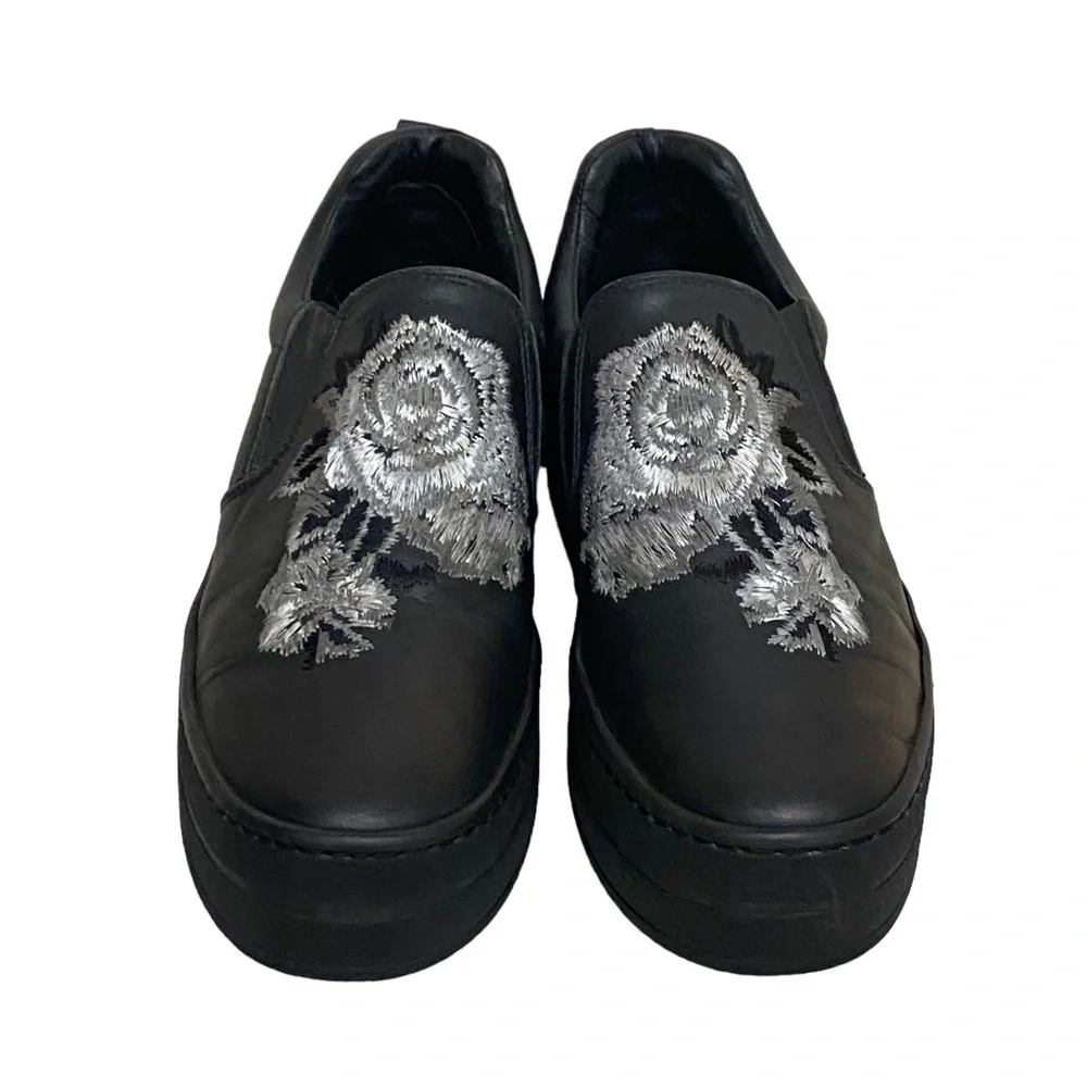 Gabriella Michel Black Leather Slip On Platform Sneakers Embroidered Siz…